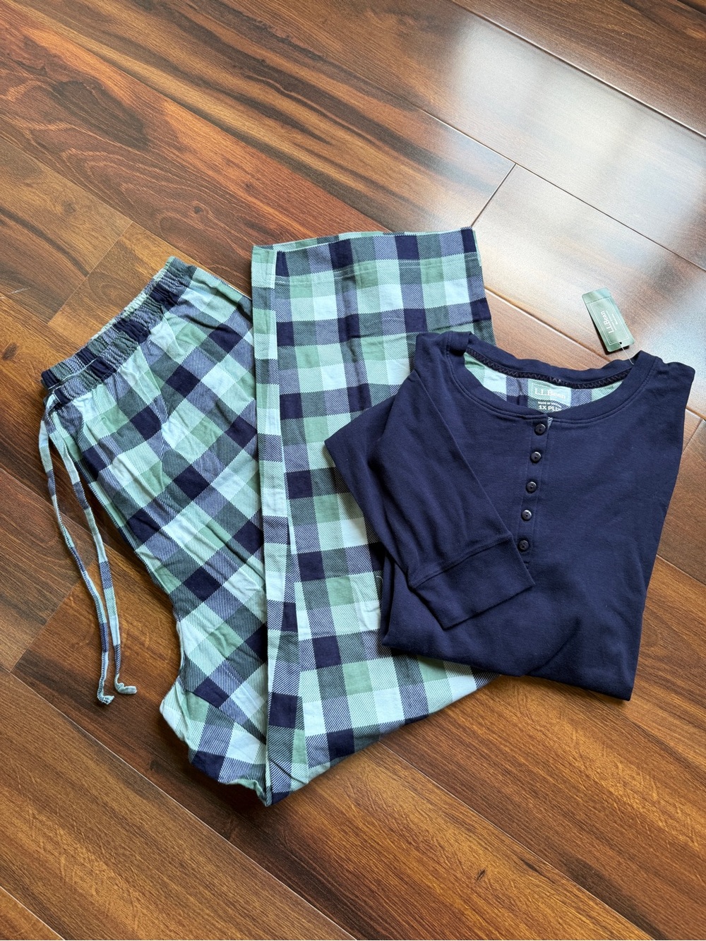 LL Bean Cozy Pajama Set Cotton FlannelBlue Plaid Henley Womens 1X New